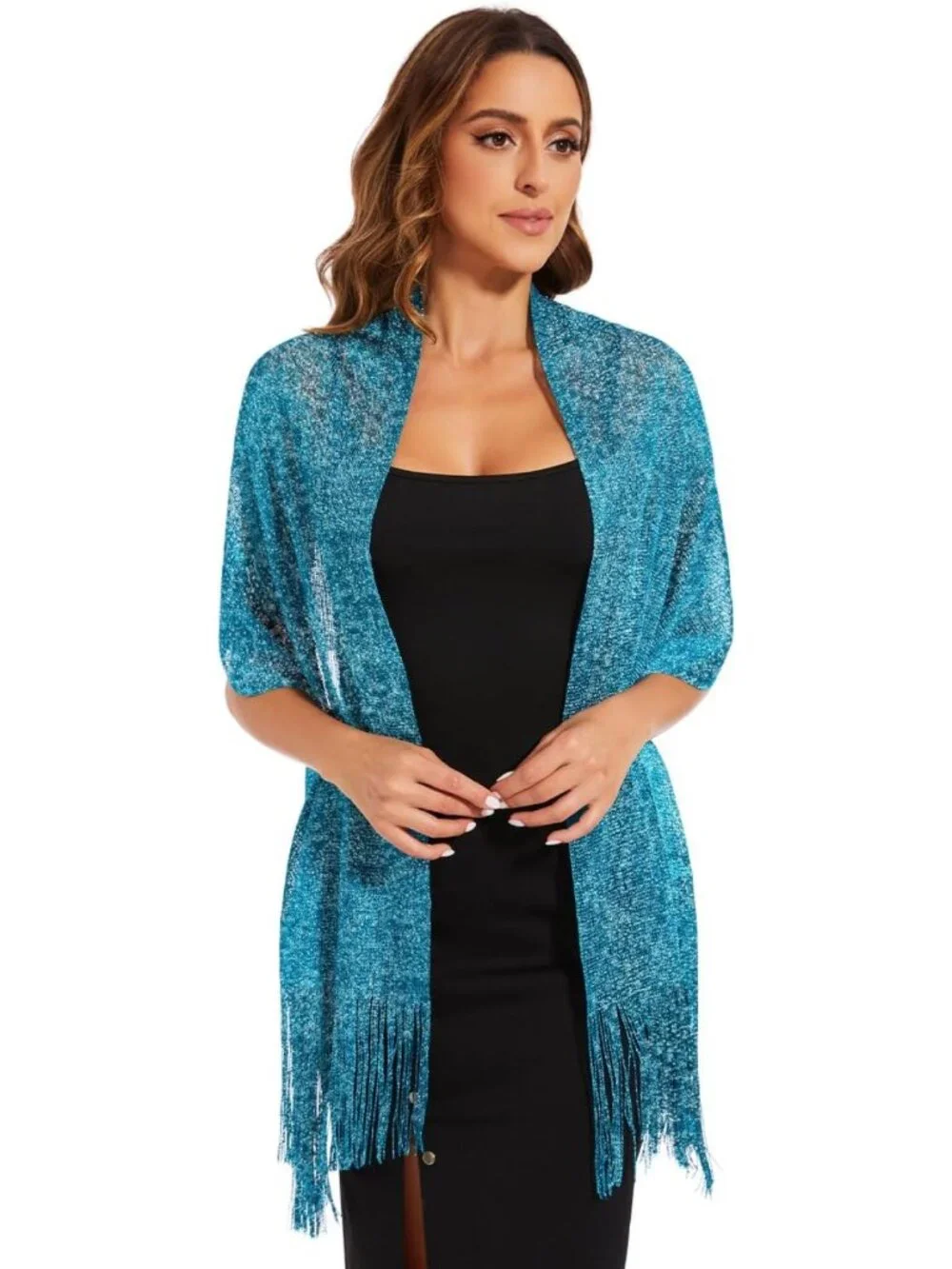 Sparkling Metallic Shawl Wrap with Buckle for Evening Dresses, Weddings